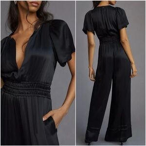 Anthropologie Black Satin Jumpsuit